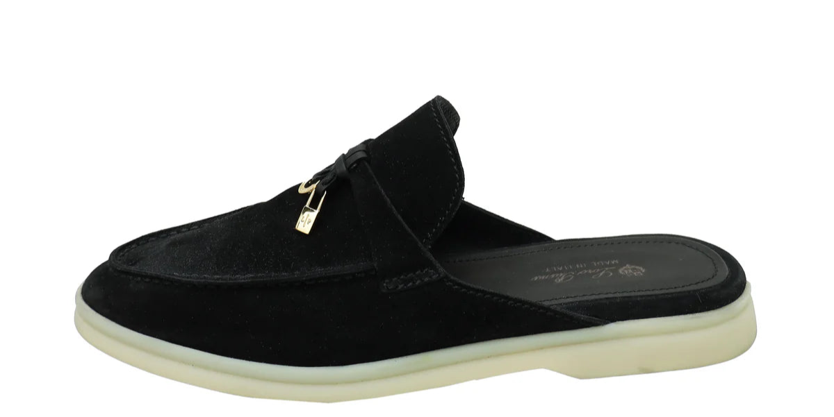 Loro Piana Beige Suede Babouche Charms Walk Flat Mules - Black