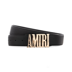 Amiri Logo grain leather belt | Black/Gold