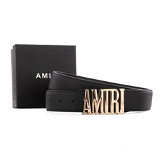 Amiri Logo grain leather belt | Black/Gold