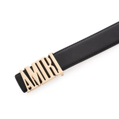 Amiri Logo grain leather belt | Black/Gold