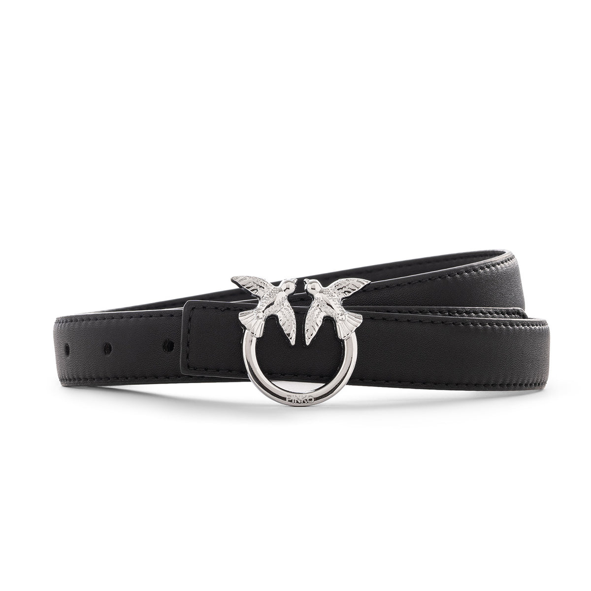 Pinko Lovebirds Design Slim Leather Belt -Black/Silver