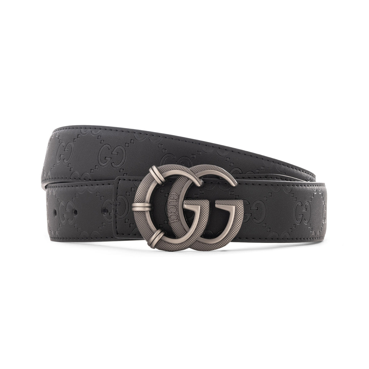 Gucci GG Embossed Black Leather Belt with Textured Gunmetal Buckle