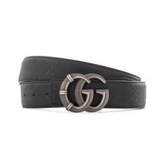 Gucci GG Embossed Black Leather Belt with Textured Gunmetal Buckle
