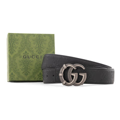 Gucci GG Embossed Black Leather Belt with Textured Gunmetal Buckle