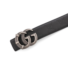 Gucci GG Embossed Black Leather Belt with Textured Gunmetal Buckle