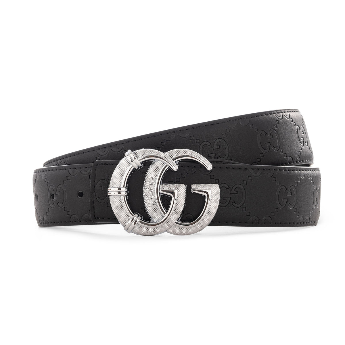 Gucci GG Embossed Black Leather Belt with Textured Silver Buckle