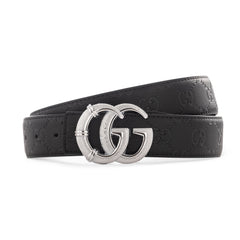 Gucci GG Embossed Black Leather Belt with Textured Silver Buckle