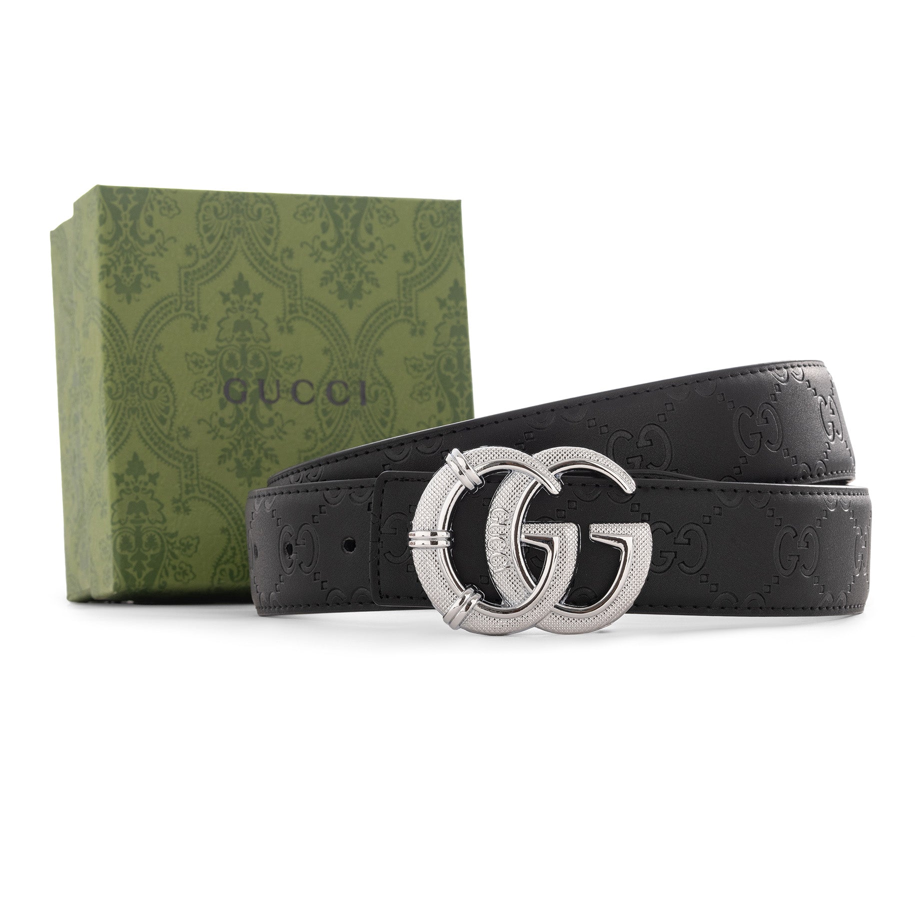 Gucci GG Embossed Black Leather Belt with Textured Silver Buckle