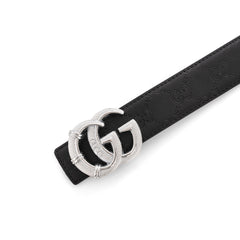 Gucci GG Embossed Black Leather Belt with Textured Silver Buckle