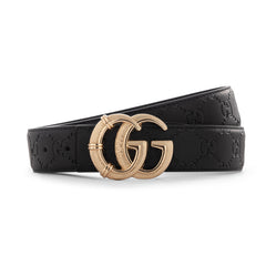Gucci GG Embossed Leather Belt with Textured Aged Gold Buckle