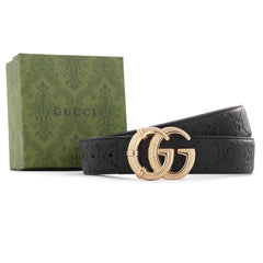 Gucci GG Embossed Leather Belt with Textured Aged Gold Buckle