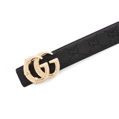 Gucci GG Embossed Leather Belt with Textured Aged Gold Buckle