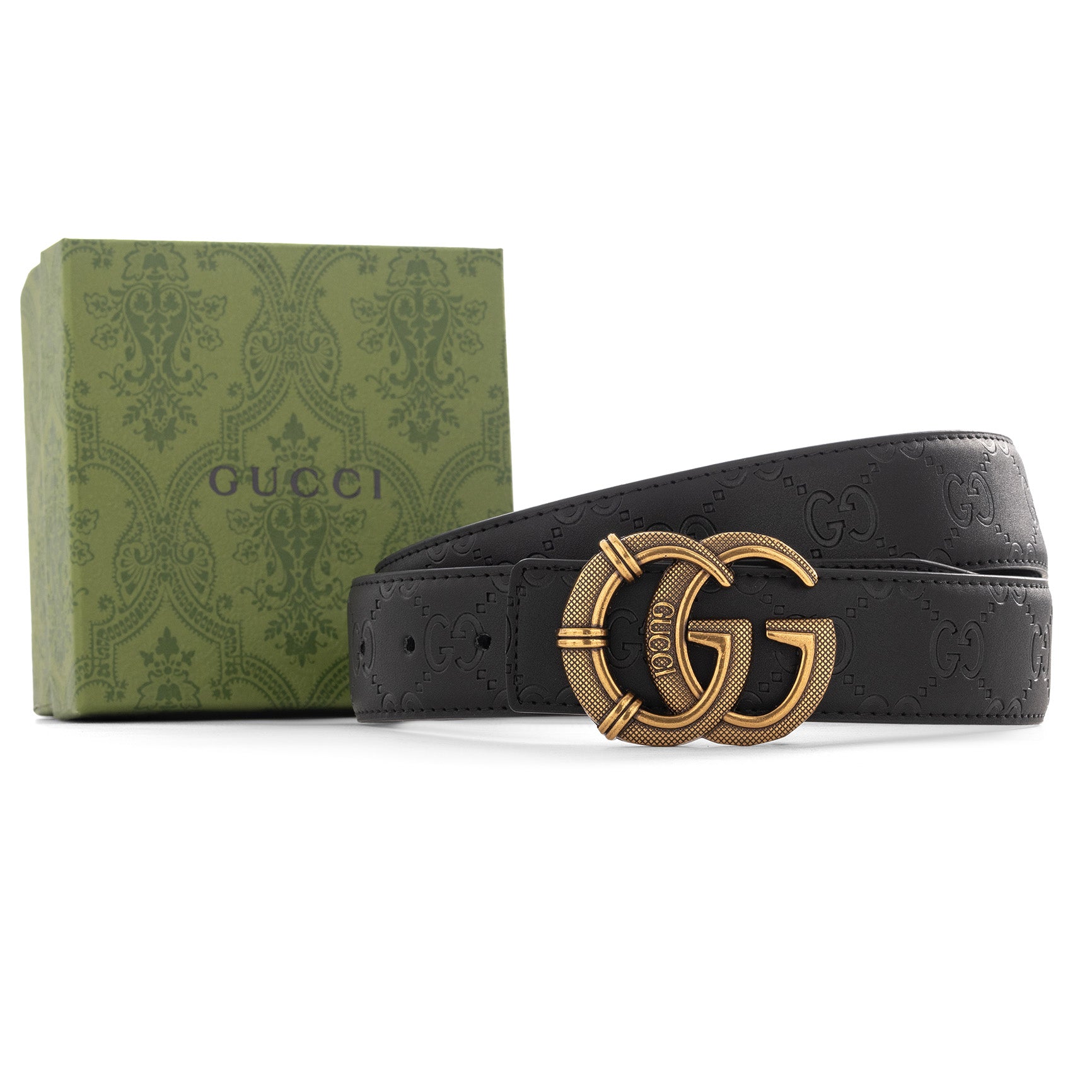 Gucci GG Embossed Leather Belt with Textured Aged Gold Buckle