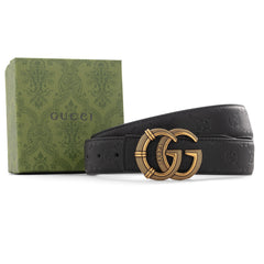 Gucci GG Embossed Leather Belt with Textured Aged Gold Buckle