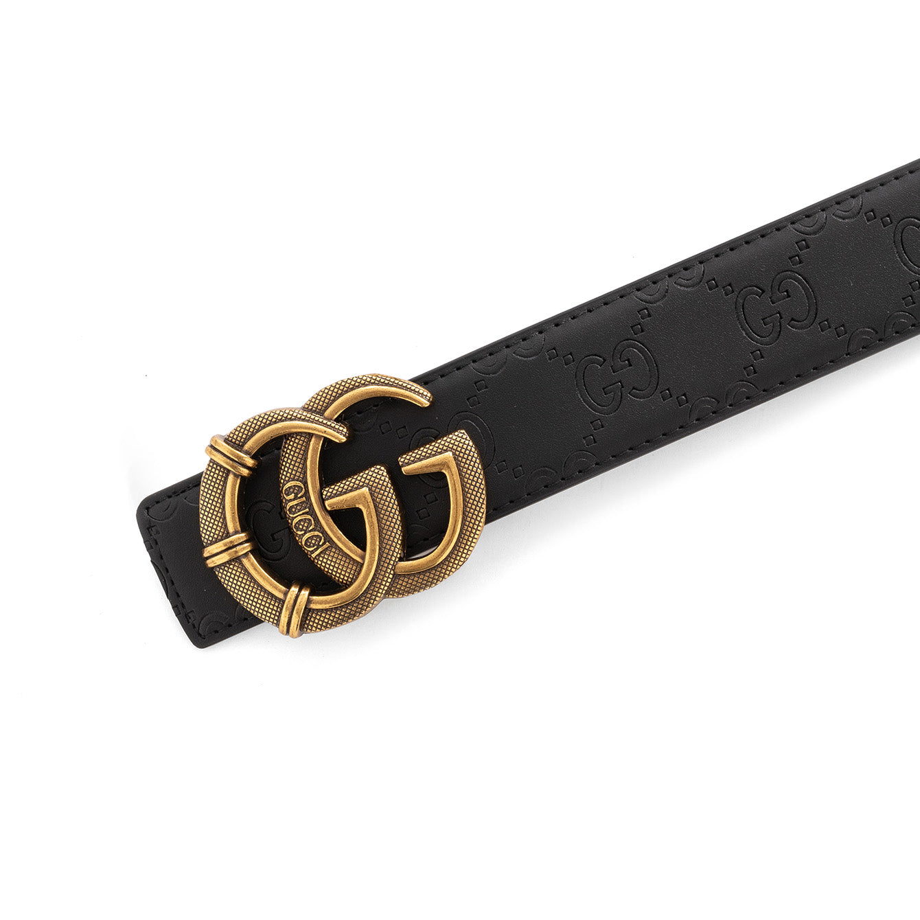 Gucci GG Embossed Leather Belt with Textured Aged Gold Buckle