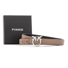 Pinko Lovebirds Design Slim Leather Belt -Beige/Silver