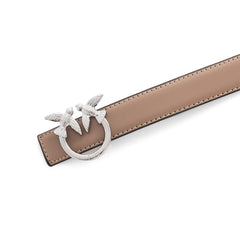 Pinko Lovebirds Design Slim Leather Belt -Beige/Silver