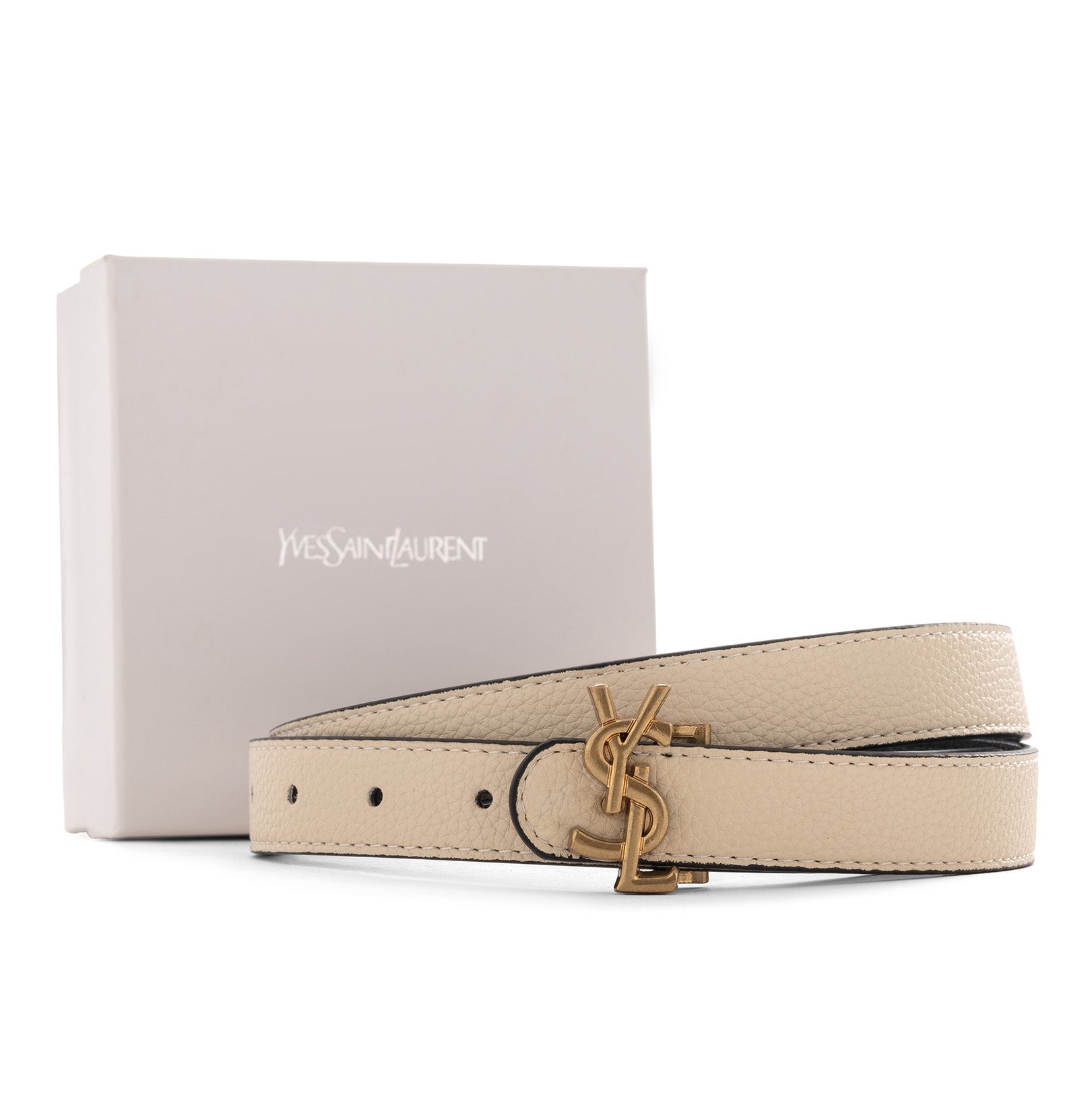 Saint Laurent YSL Monogram Reversible Leather Belt - Beige/Black