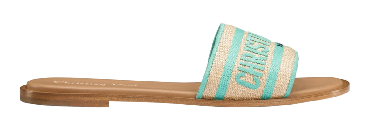 Dior Dway Slide in Aqua and Beige Woven Raffia
