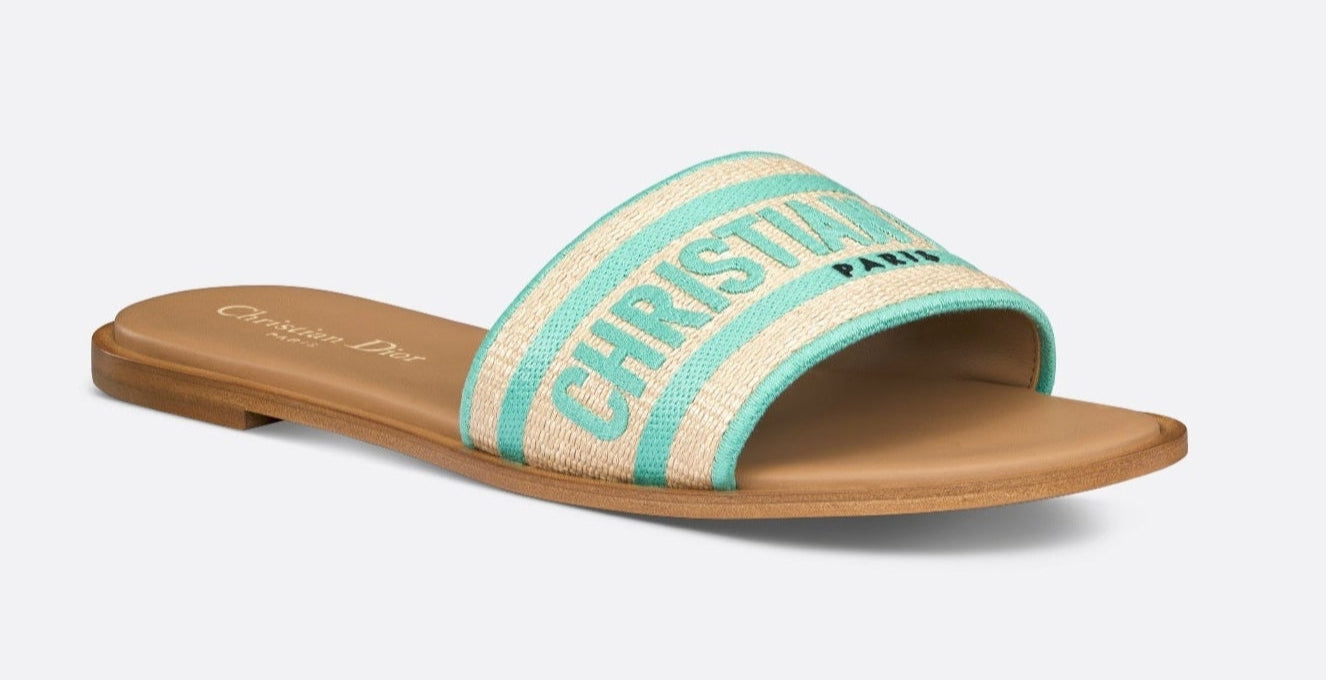 Dior Dway Slide in Aqua and Beige Woven Raffia