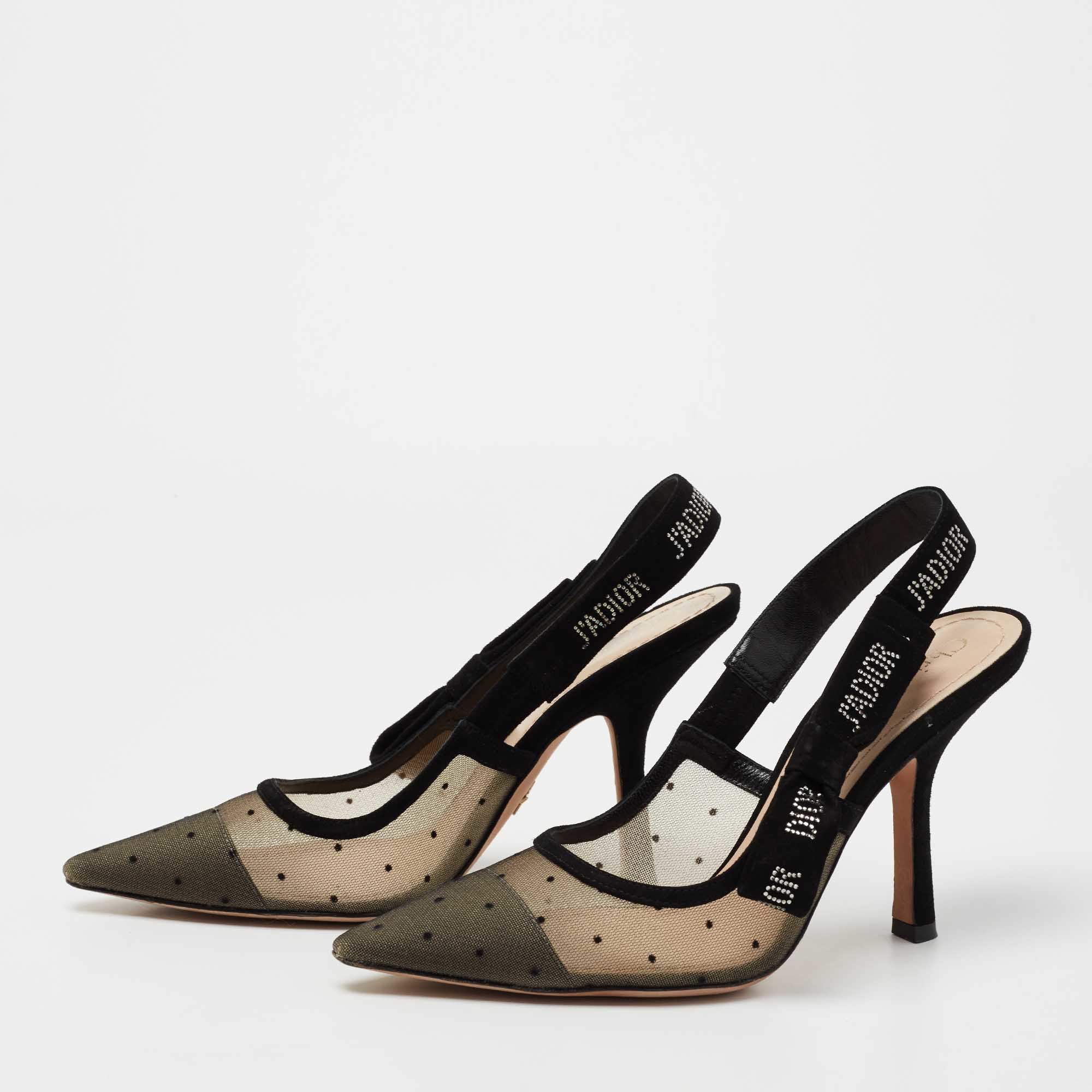 Dior Black Plumetis Mesh and Studded Suede J'adior Slingback Pumps