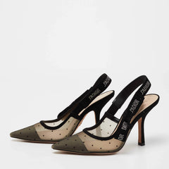 Dior Black Plumetis Mesh and Studded Suede J'adior Slingback Pumps