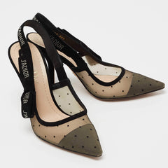 Dior Black Plumetis Mesh and Studded Suede J'adior Slingback Pumps