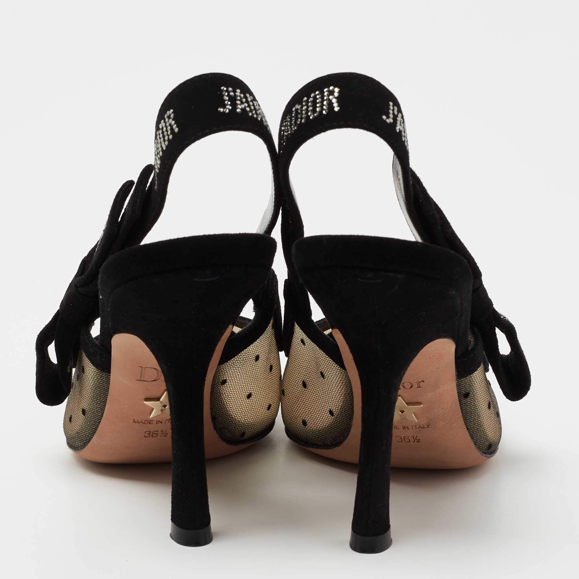 Dior Black Plumetis Mesh and Studded Suede J'adior Slingback Pumps